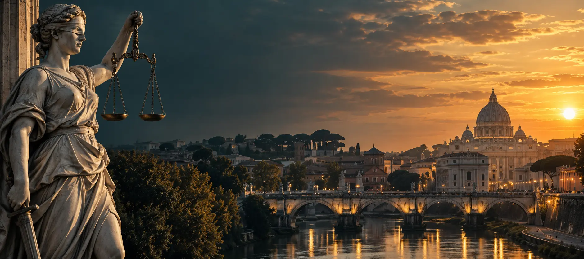 La dea della Giustizia con la bilancia davanti al profilo monumentale di Roma al tramonto